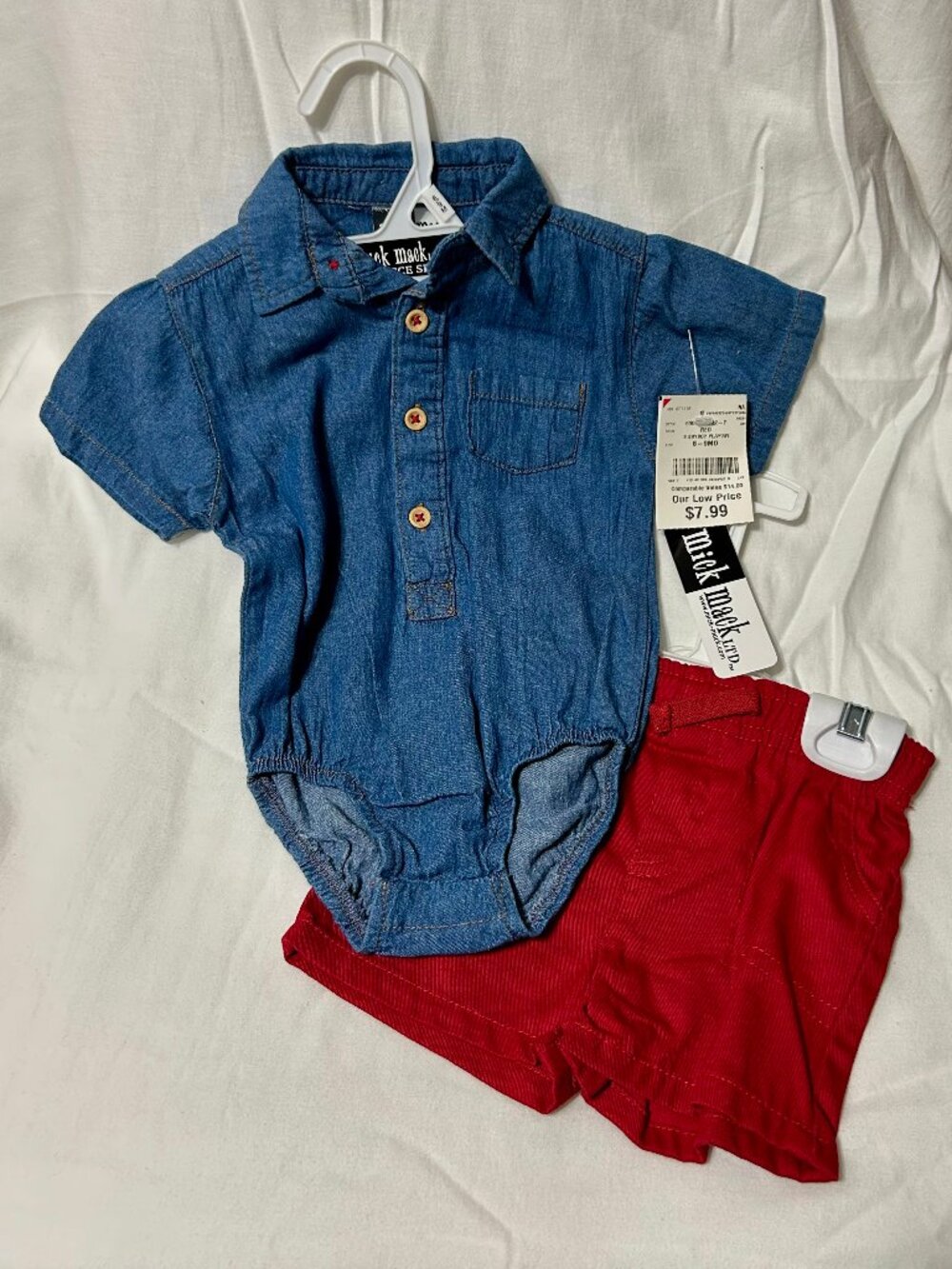 6-9 month Mick Mack Chambray Collar Bodysuit and Red Short Set NWT